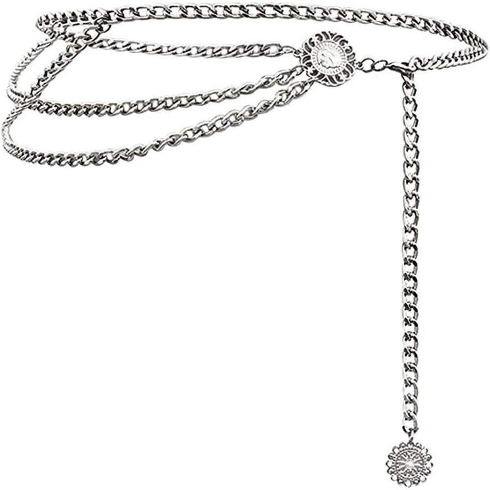 Women's Silver Multi-layer Metal Waist Chain Dress Belts Metal Belt